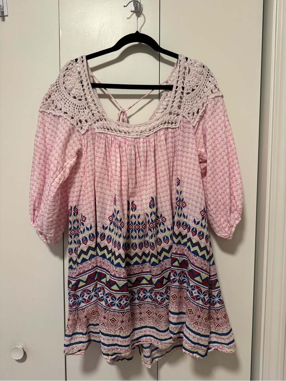 Kimchi Blue Light Pink Crochet Yoke Tunic with Multicolor Trim